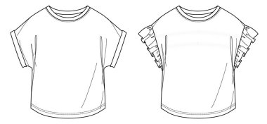 Vector round neck top moda CAD, kadın 2 peace tişört teknik çizimi, kısa kollu bluz fırfırlı düz şablon, çizim. Jersey ya da örülmüş kumaş bluz. Önü, arkası, beyaz renk.
