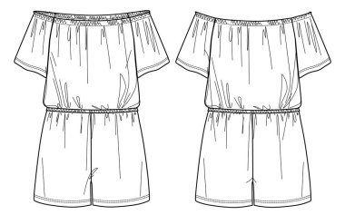 Vektör kadın straplez giysisiz teknik çizim, kısa kollu tulum elastik bel bandı moda CAD, şablon, düz, taslak, model. Jersey ya da dokuma kumaştan tulum, beyaz renk.