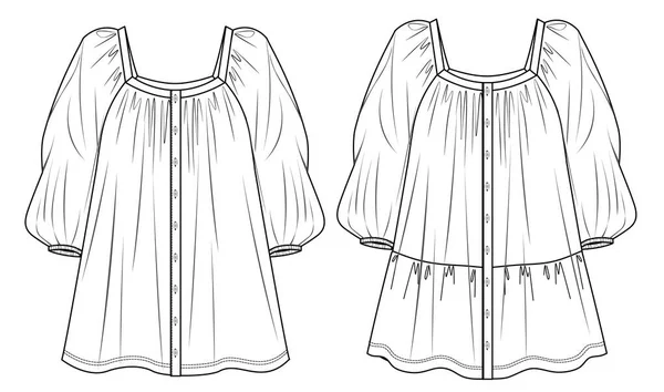 Mini Robe Manches Longues Vectorielle Dessin Technique Robe Femme Fatiguée — Image vectorielle
