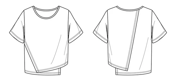 Διάνυσμα Κοντομάνικο Shirt Μόδας Cad Γυναικείο Στρογγυλό Λαιμό Κορυφή Ασύμμετρο — Διανυσματικό Αρχείο