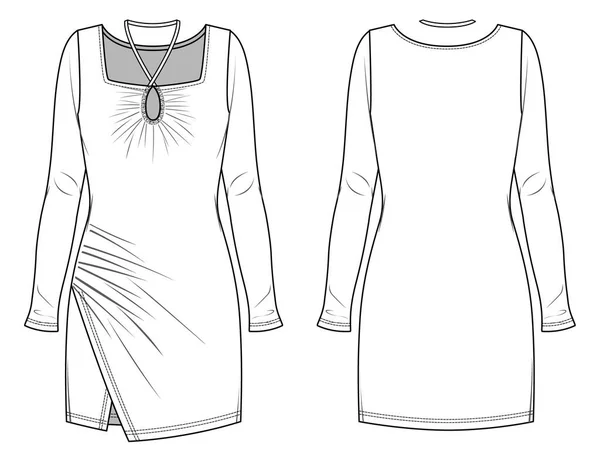 Vektör Kadın Kış Elbisesi Uzun Kollu Moda Cad Kare Boyunlu — Stok Vektör