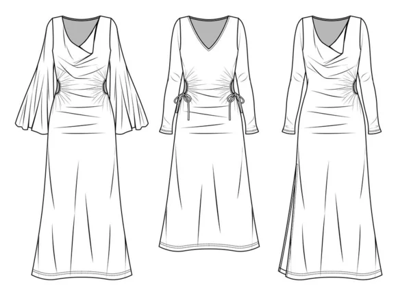 Vector Kadın Kış Elbisesi Uzun Kollu Moda Cad Bot Yakalı — Stok Vektör