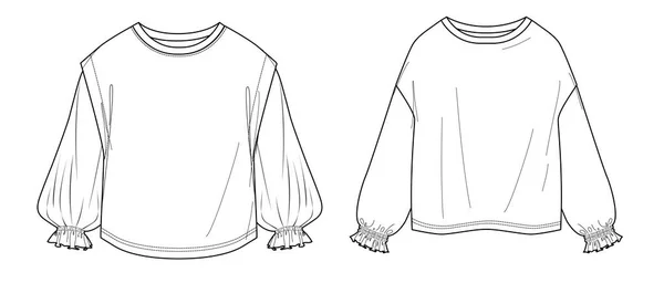 Vector Boyun Uzun Kollu Üst Moda Cad Kadın Barış Tişörtü — Stok Vektör