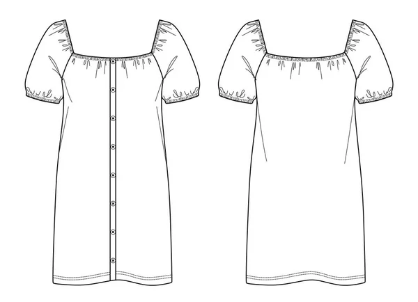 Vector Κοντό Μανίκι Μίνι Φόρεμα Τεχνικό Σχέδιο Γυναίκα Κουρασμένη Φόρεμα — Διανυσματικό Αρχείο