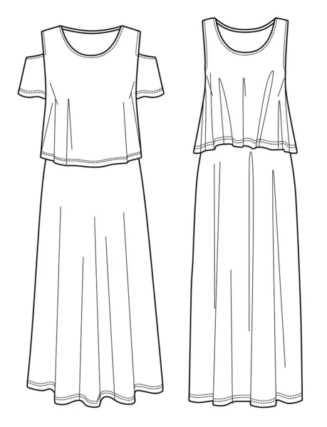 Robe Maxi Vectorielle Avec Fentes Latérales Dessin Technique Robe Été — Image vectorielle