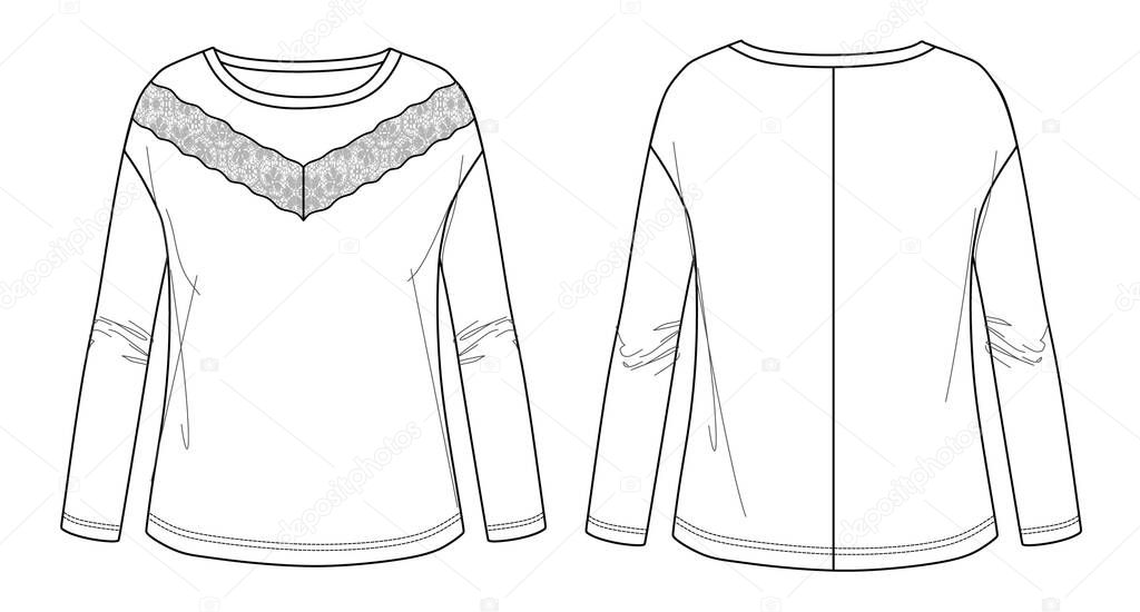 Vector long sleeved t shirt fashion CAD, woman top with lace trim detail technical drawing, template, sketch, flat. Jersey or woven fabric blouse with front, back view, white color