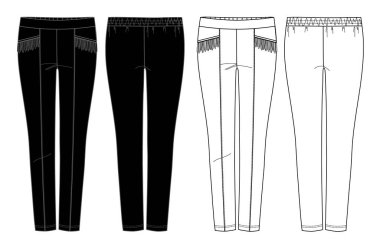 Vector slim fit pants fashion CAD, woman high waist leggings with fringe trim technical drawing, legging fashion flat, sketch, template. Leggings with front, back view, black and white color clipart