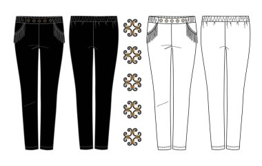 Vector Slim fit pantalon giysisi CAD, yüksek bel tayt, püsküllü çizim, süsleme, taslak, şablon ile uzun bacaklı moda dairesi. Önü, arkası, beyaz rengi olan taytlar