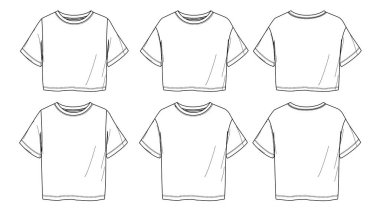 Vektör kısa kollu T-Shirt moda CAD, kadın yuvarlak boyunlu omuz üstü teknik çizim, şablon, düz çizim, çizim. Jersey ya da örülmüş kumaş. Önü, arkası, beyaz renkli iki parça tişört.