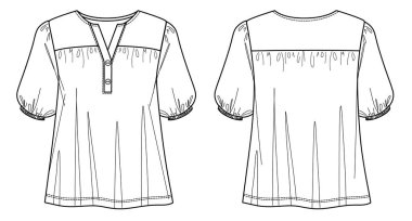Detaylı moda CAD 'li V yakalı kadın bluzu, düğme çizimli kısa kollu balon, teknik çizim, düz şablon. Jersey ya da örülmüş kumaş bluz. Önü, arkası, beyaz renk.
