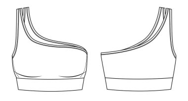 Vektör asimetrik askılı sutyen teknik çizimi, kadın omuz kemeri ve bağlayıcı detay moda CAD, taslak, düz. Jersey kumaş tişörtü. Önü, arkası, beyaz renk.