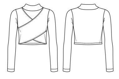 Vektör uzun kollu gömlek modası CAD, kadın kış kaplumbağası boyunluğu üst teknik çizim, şablon, taslak, düz model. Jersey modern hasat üstü, önü, arkası, beyaz renkli.