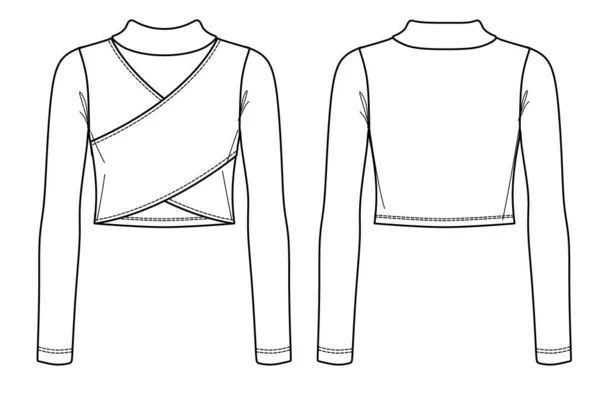 病媒裁剪出长袖T恤衫时尚Cad 女性冬季龟颈包扎作物顶部技术图纸 泽西现代农作物顶部与前 — 图库矢量图片