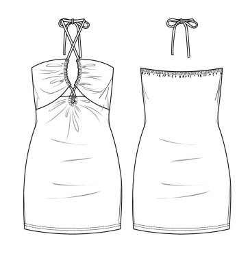 Vektör mini elbise moda CAD, kadın vücutlu kolsuz elbise teknik çizim, ince, askısız elbise, şablon, taslak, düz. Jersey kumaş elbise önü, arkası, beyaz