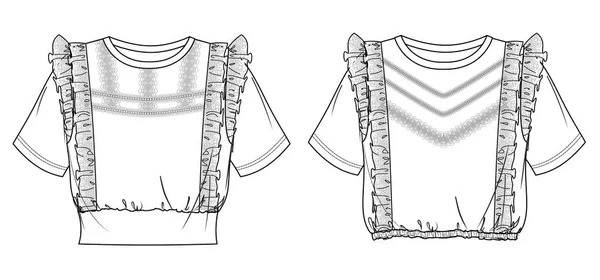 Vector Short Sleeved Blouse Technical Drawing Woman Neck Shirt Crochet — Stok Vektör