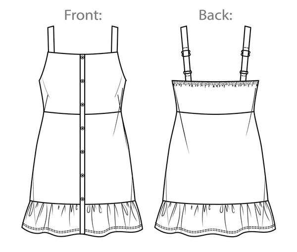 Cad 소매없는 기술적 드레스 템플릿 스케치 앞머리와 뒷모습 — 스톡 벡터