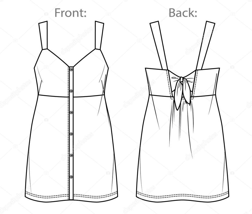 Vector dungaree dress fashion CAD, woman sleeveless mini dress technical drawing with wide straps, template, flat, sketch, mock up.  Jersey or woven fabric dress with front, back view, white color