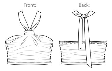 Vector woman strapless blouse sketch, crop sleeveless blouse fashion CAD, summer tight fit top technical sketch, female flat, template. Jersey or woven fabric blouse with front, back view, white color
