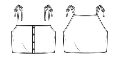 Vektör askısız üst teknik çizim, kayışlı kadın kırpma bluzu moda CAD, düğme desenli askılı boyun tişörtü, çizim, düz. Jersey kumaş tişörtü. Önü, arkası, beyaz renk.