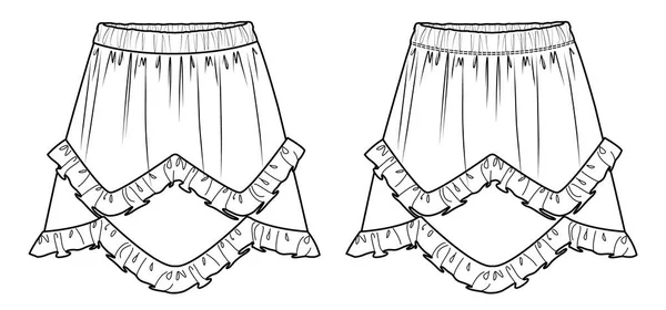 Vector Flared Mini Skirt Frills Technical Drawing Woman Skirt Elasticized —  Vetores de Stock