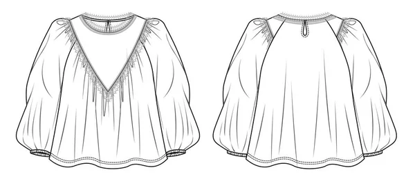 Detaylı Moda Cad Yuvarlak Boyunlu Kadın Bluzu Dantel Çizimli Uzun — Stok Vektör