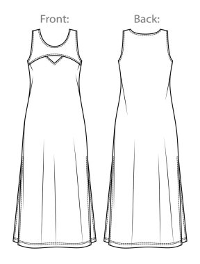 Yan yarıklı Vector Maxi elbise teknik çizim, uzun yaz elbisesi CAD, kadın kolsuz elbise yuvarlak boyun çizimi, şablon. Jersey ya da örülmüş kumaş elbise, önü, arkası, beyaz