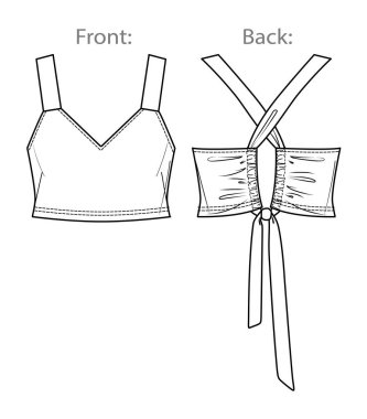 Vektör kadın V yaka bluz çizimi, kolsuz bluz moda CAD, arka teknik çizimi olan yaz mahsulü bluzu, düz kadın şablonu. Jersey ya da örülmüş kumaş bluz. Önü, arkası, beyaz renk.