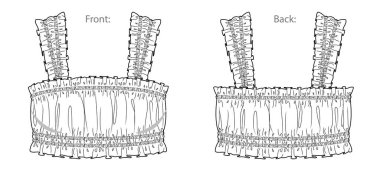 Vektör romantik kadın straplez bluz çizimi, kolsuz bluz moda CAD, yaz mahsulü teknik çizimi, kadın dairesi, şablonu. Jersey ya da dokuma kumaş büstiyer, önü, arkası, beyaz renk.