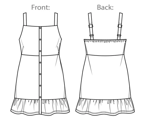 Vector Dungaree Dress Fashion Cad Woman Sleeveless Mini Dress Technical — ストックベクタ
