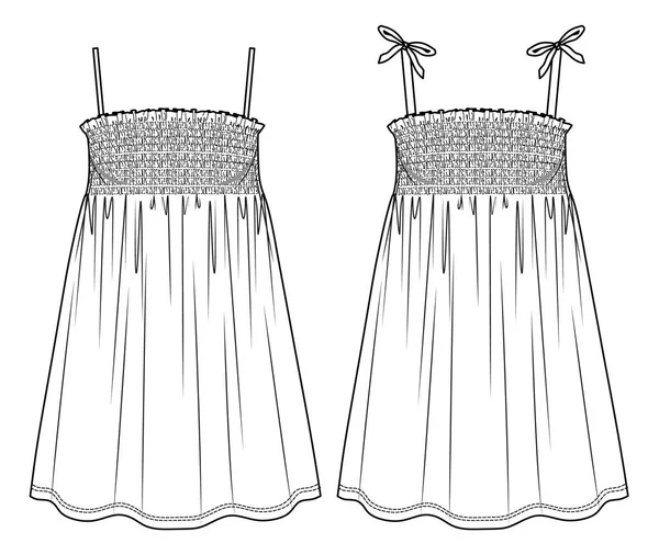 Vektör Yaz Önlüklü Elbise Cad Arka Omuz Bantlı Mini Fırfırlı — Stok Vektör