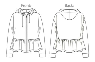 Vector moda taslak süveter fırfırlı, kadın kapüşonlu sweatshirt teknik çizim, moda CAD, düz, şablon, uzun kollu kapüşon. Jersey ya da önü, arkası, beyaz renkli yün kazak.