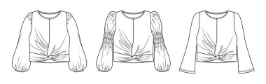 Vektör uzun kollu boho tarzı üst moda CAD, fırfırlı boynu ve önlük detaylarıyla kadın bluzu teknik çizim, şablon, model, düz. Ön, arka görüşlü, beyaz renkli örülmüş kumaş tişört.