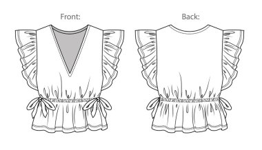 Vector sleeveless top with ruffles fashion CAD, woman tank top with frills elasticized waistband technical drawing, template, sketch, flat.Jersey or woven fabric top with front, back view, white color clipart