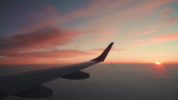 日落时商营飞机的乘客窗口图 — 图库视频影像
