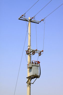 Mavi gökyüzü arka plan altında elektrik direkleri