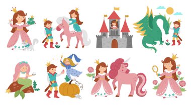 Peri masalı prensesi seti. Fantezi kız koleksiyonu. Pembe elbiseli ortaçağ peri masalı hizmetçisi. Kız çizgi filmlerindeki sihirli ikonlar. Sinderella, uyuyan güzel, kurbağa prens, deniz kızı sahnesi