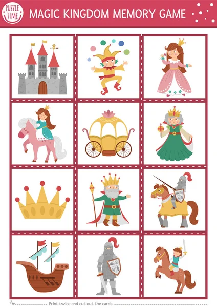 かわいい伝統的なファンタジーシンボルを持つベクトルおとぎ話のメモリカード 魔法の王国のマッチング活動 忘れずに正しいカードを見つけてください 城を持つ子供のためのシンプルな印刷可能なワークシート — ストックベクタ
