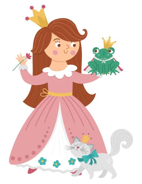 カエル王子と猫とおとぎ話のベクトルプリンセス 王冠のファンタジーガールは白い背景に隔離されています ピンクのドレスで中世のおとぎ話のメイド かわいいキャラクターと女の子漫画の魔法のアイコン — ストックベクタ