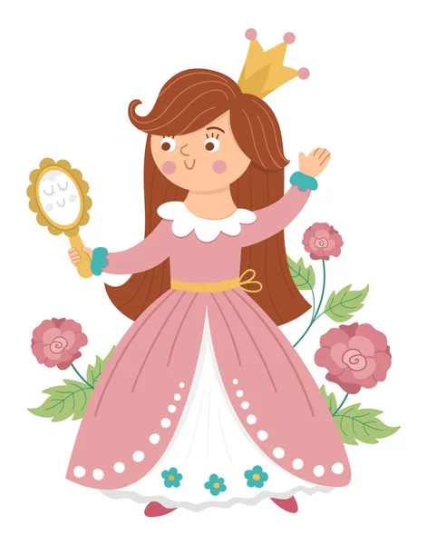 Princesse Vectorielle Conte Fées Avec Miroir Roses Fantaisie Fille Couronne — Image vectorielle