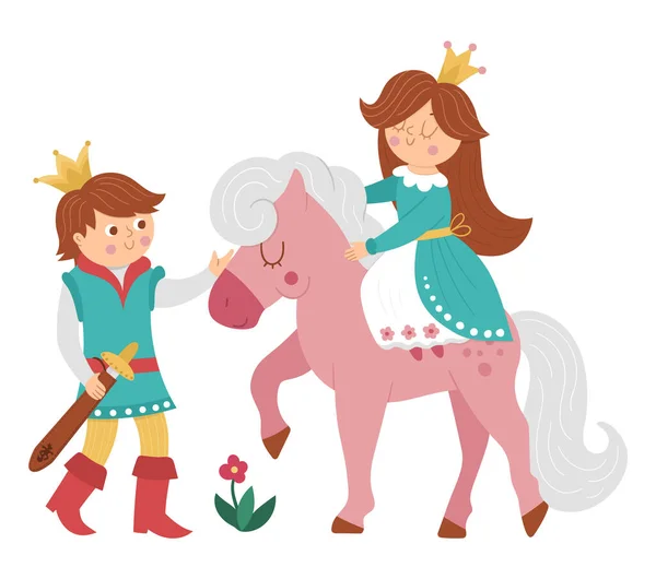 Παραμύθι Πρίγκιπας Πριγκίπισσα Ένα Ροζ Άλογο Λευκό Φόντο Vector Φαντασία — Διανυσματικό Αρχείο