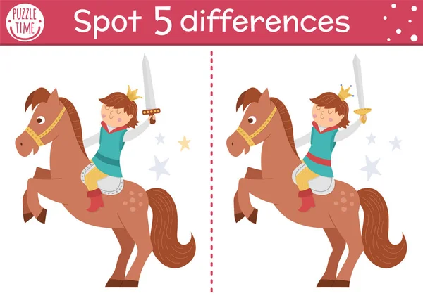Find Differences Game Children Fairytale Educational Activity Cute Prince Horse — Stock Vector