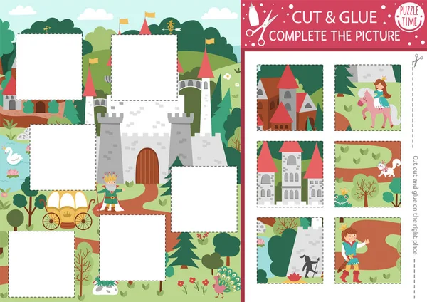 Vector Fairytale Cut Glue Activity Magic Kingdom Crafting Game Cute — Stock Vector