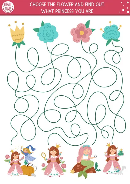 Labirinto Conto Fadas Para Crianças Com Princesas Flores Bonitos Atividade —  Vetores de Stock