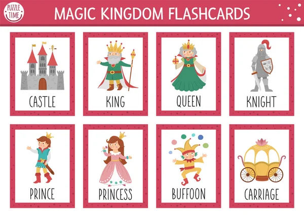 Conjunto Tarjetas Flash Cuento Hadas Vectoriales Juego Inglés Con Castillo — Vector de stock