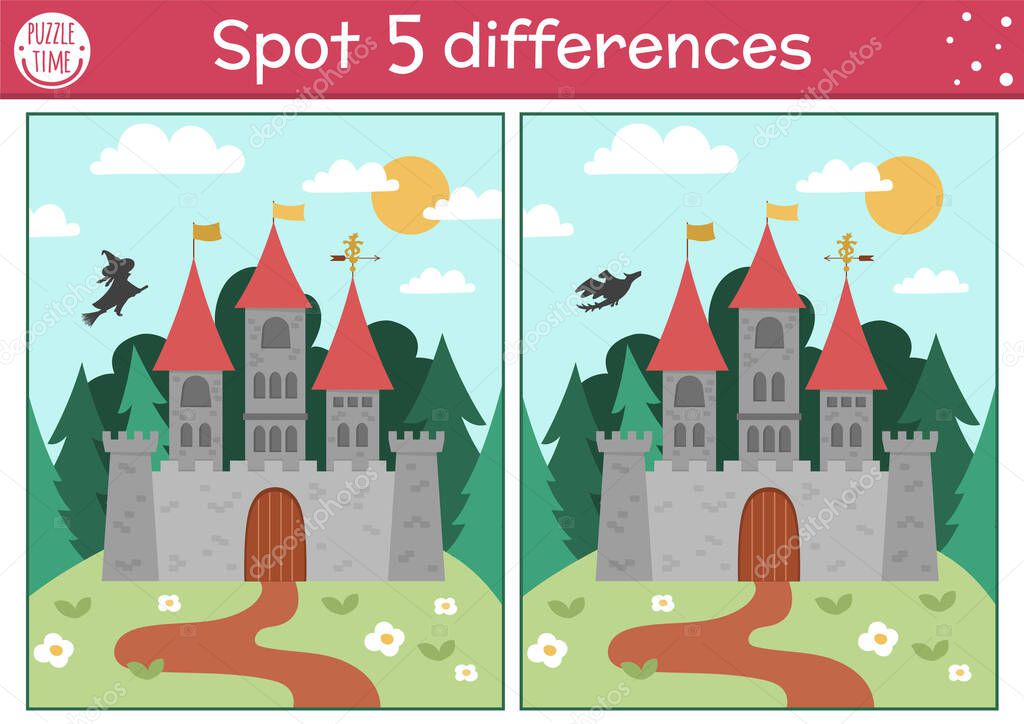 Find differences game for children. Fairytale educational activity with cute castle on a hill. Magic kingdom puzzle for kids with fantasy character. Fairy tale printable worksheet or pag