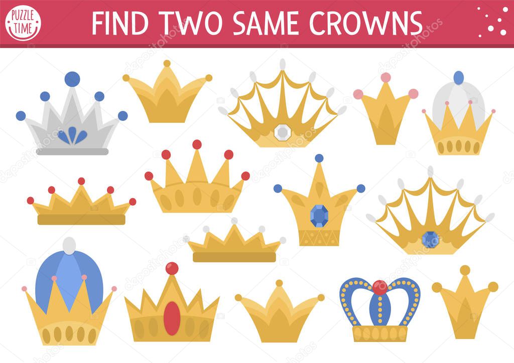 Find two same crowns. Fairytale matching activity for children. Magic kingdom educational quiz worksheet for kids for attention skills. Simple printable game with cute king jewelr