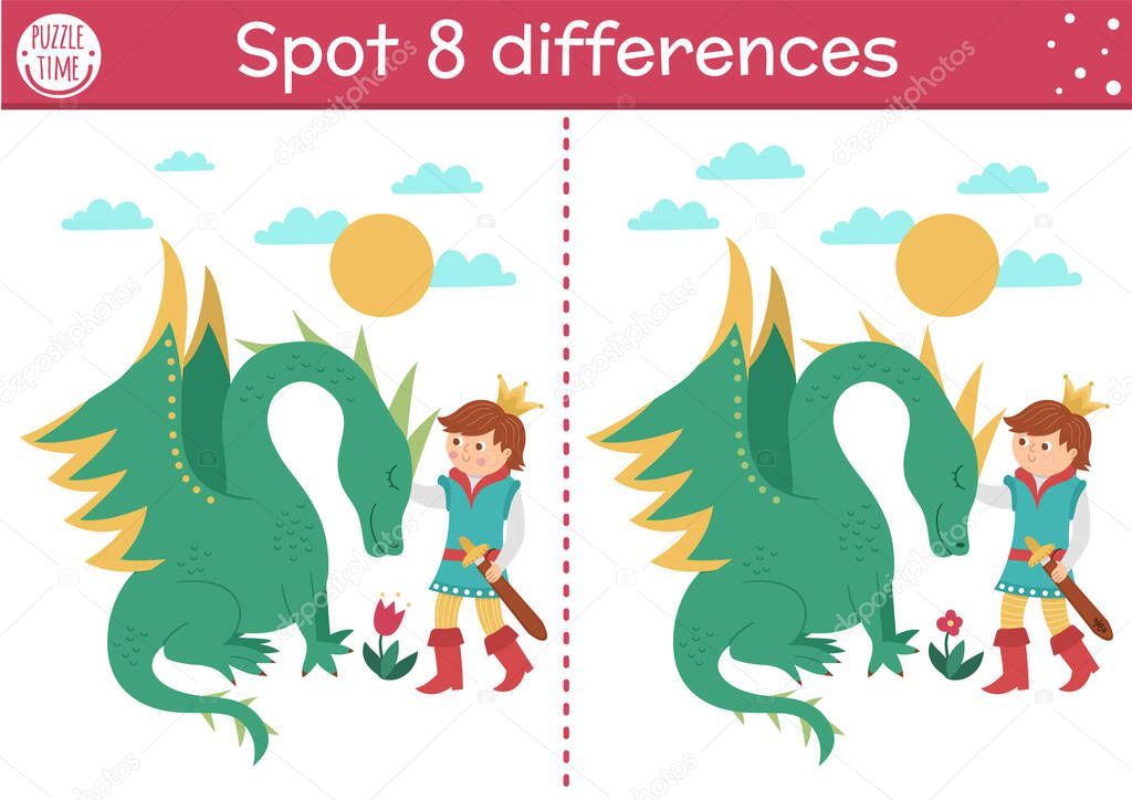 Find differences game for children. Fairytale educational activity with cute prince and dragon. Magic kingdom puzzle for kids with fantasy character. Fairy tale printable worksheet or pag