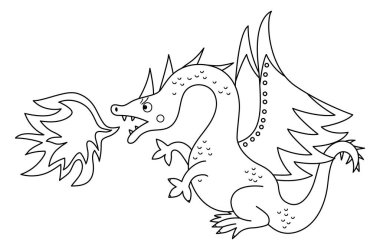 Beyaz arka planda izole edilmiş ateş püskürten siyah beyaz ejderha masalı. Vektör çizgisi fantezi hayvanı. Ortaçağ peri masalı karakteri. Çizgi film sihirli simgesi veya boyama bezi