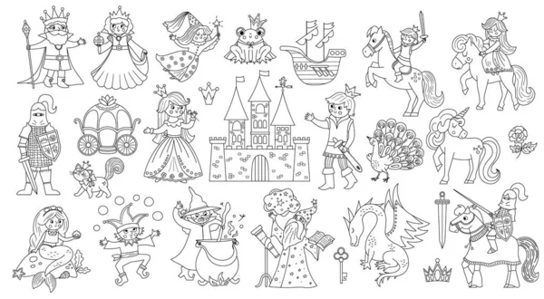 Cuento Hadas Colección Personajes Objetos Blanco Negro Gran Vector Conjunto — Vector de stock