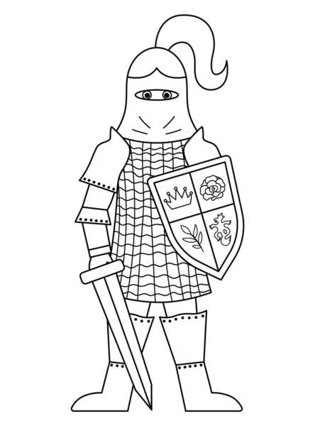 おとぎ話の黒と白の騎士 白い背景に孤立ファンタジーライン装甲戦士 チェーンメール付きヘルメットのおとぎ話の兵士 漫画のアイコンや武器でページを着色 — ストックベクタ